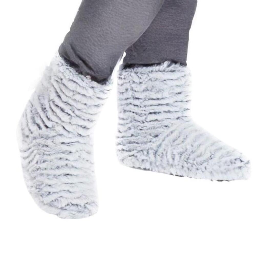 Black White Fuzzy Gripper Slipper Booties Plush Cozy Size M/L